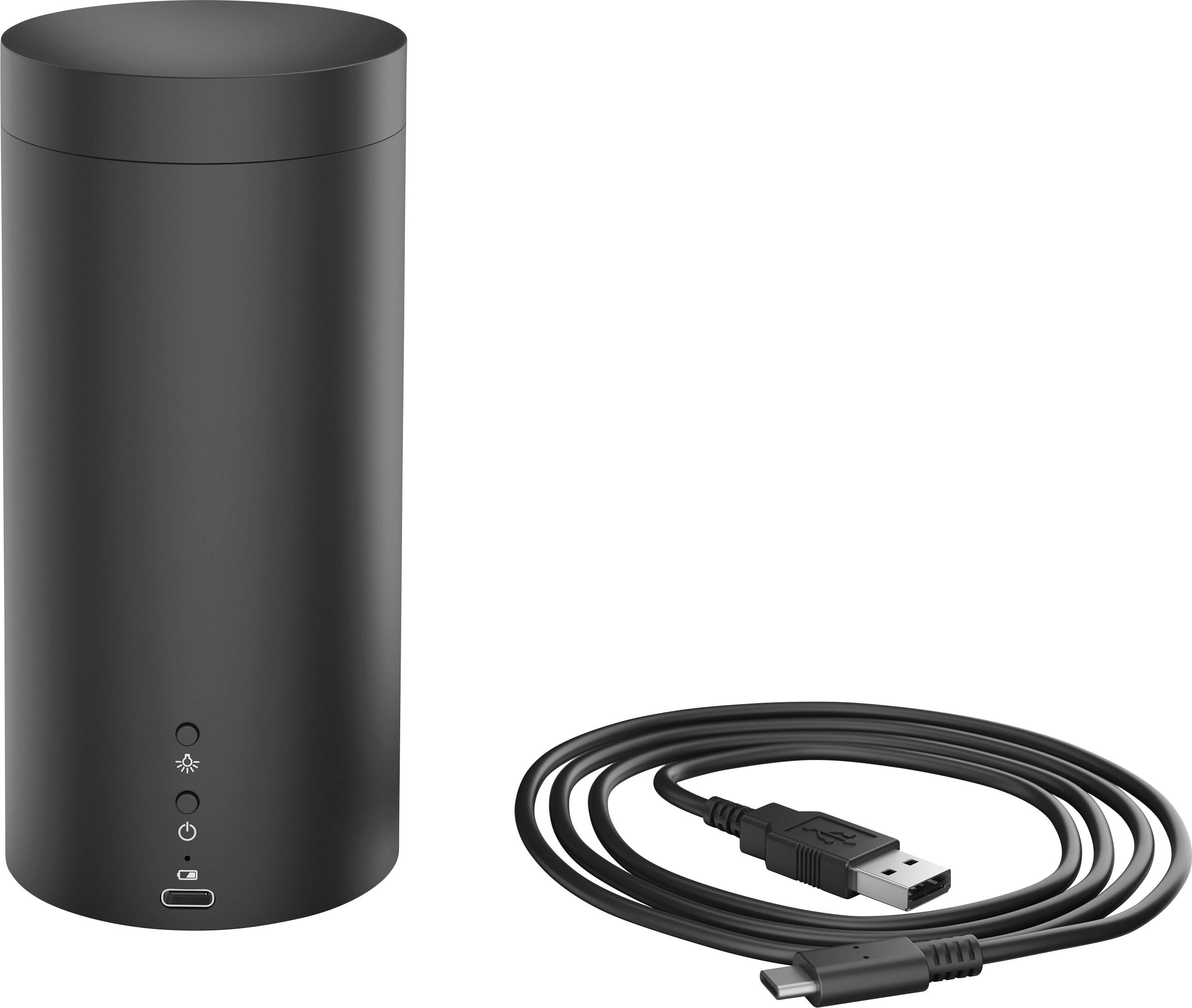 Ein schwarzer zylindrischer Lautsprecher mit Ladeanschluss und ein USB-Ladekabel liegen nebeneinander.