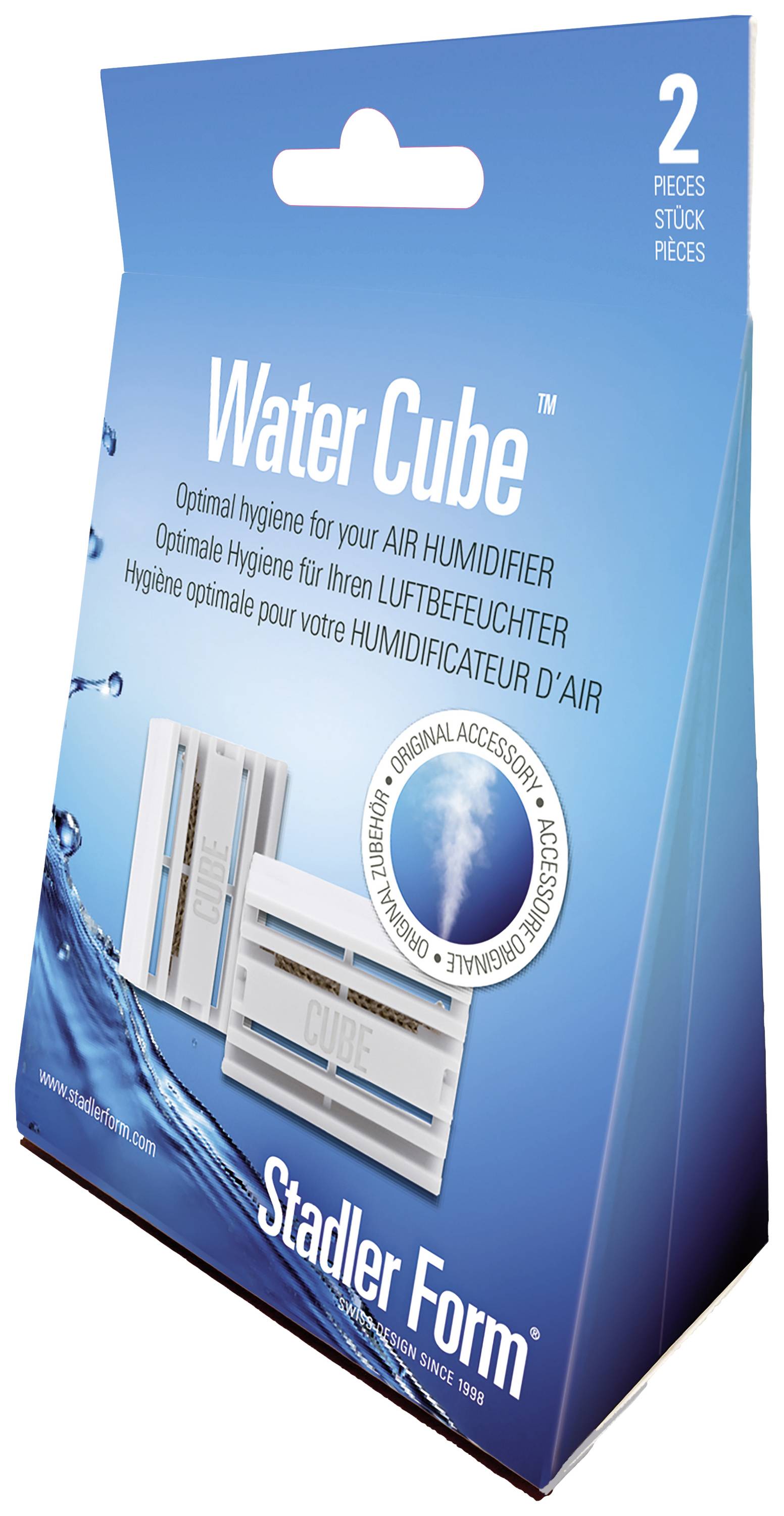 Verpackung von zwei 'Water Cube' Luftbefeuchter-Zubehörteilen von Stadler Form für optimale Hygiene.