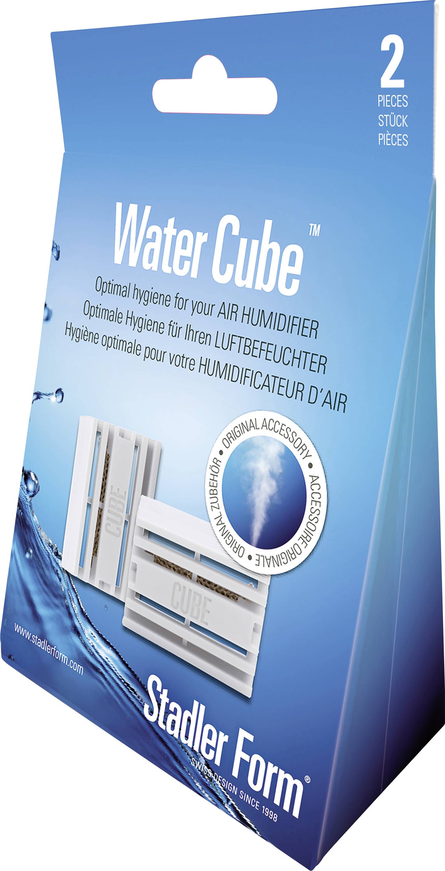 Verpackung einer Stadler Form 'Water Cube' für Luftbefeuchter, bietet optimale Hygiene, enthält zwei Stück, auf blauem Hintergrund.