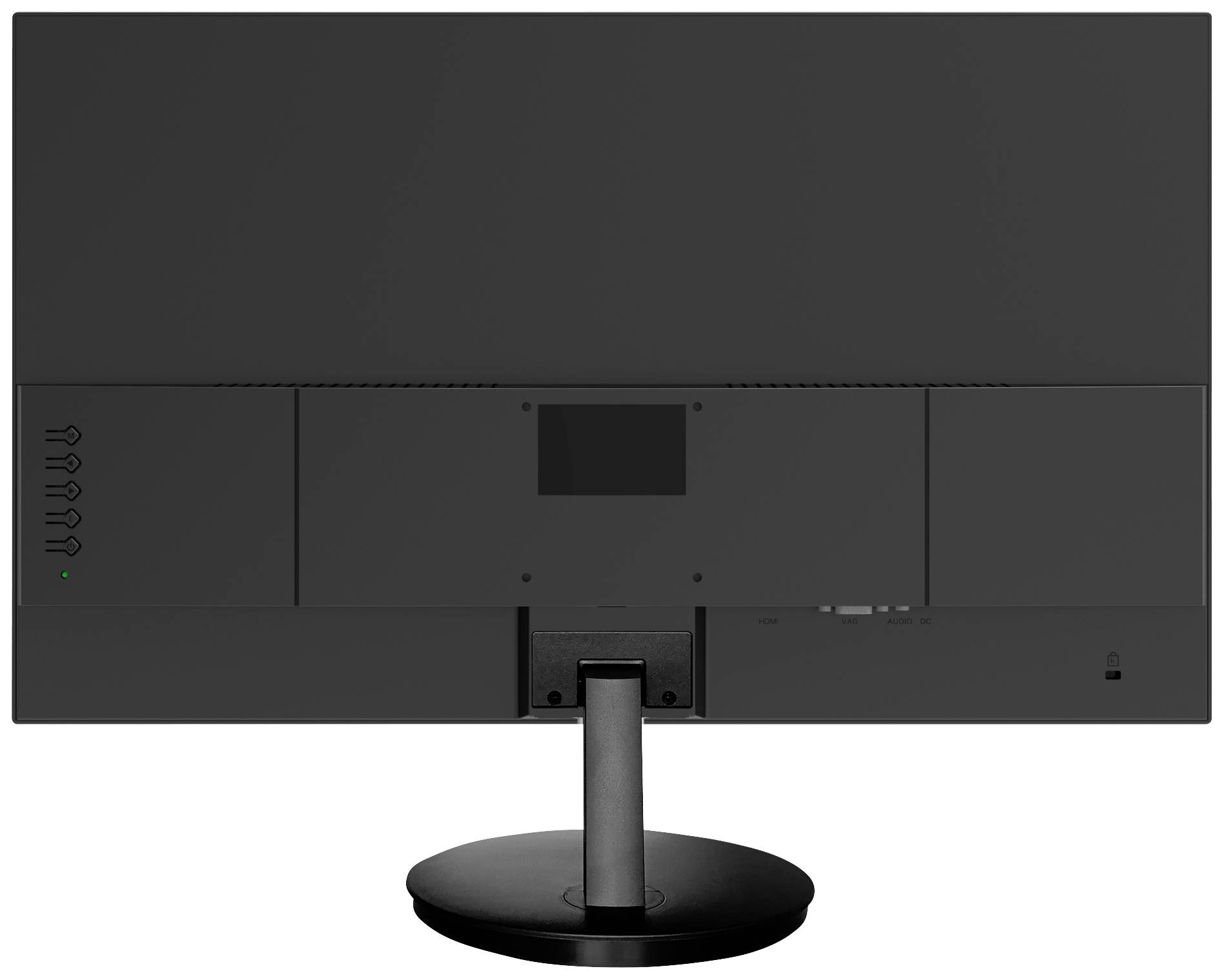 Ein Monitor von hinten, zeigt die Rückseite mit einem Standfuß und Bedienelementen auf der linken Seite.