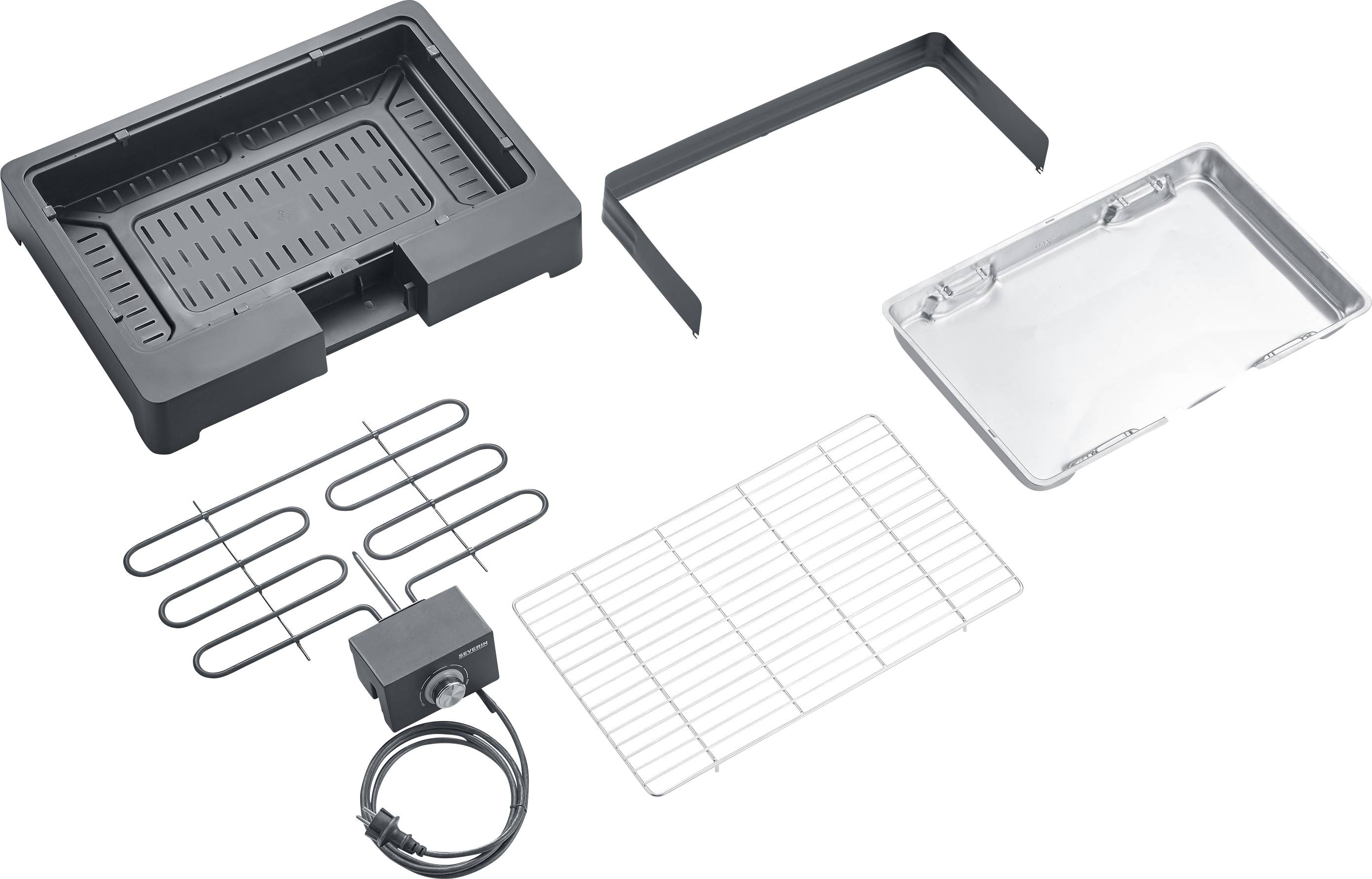 Abnehmbares Grillset mit Heizelement, Tropfschale und Gitterrost. Ideal für den Innenbereich und einfach zu reinigen.