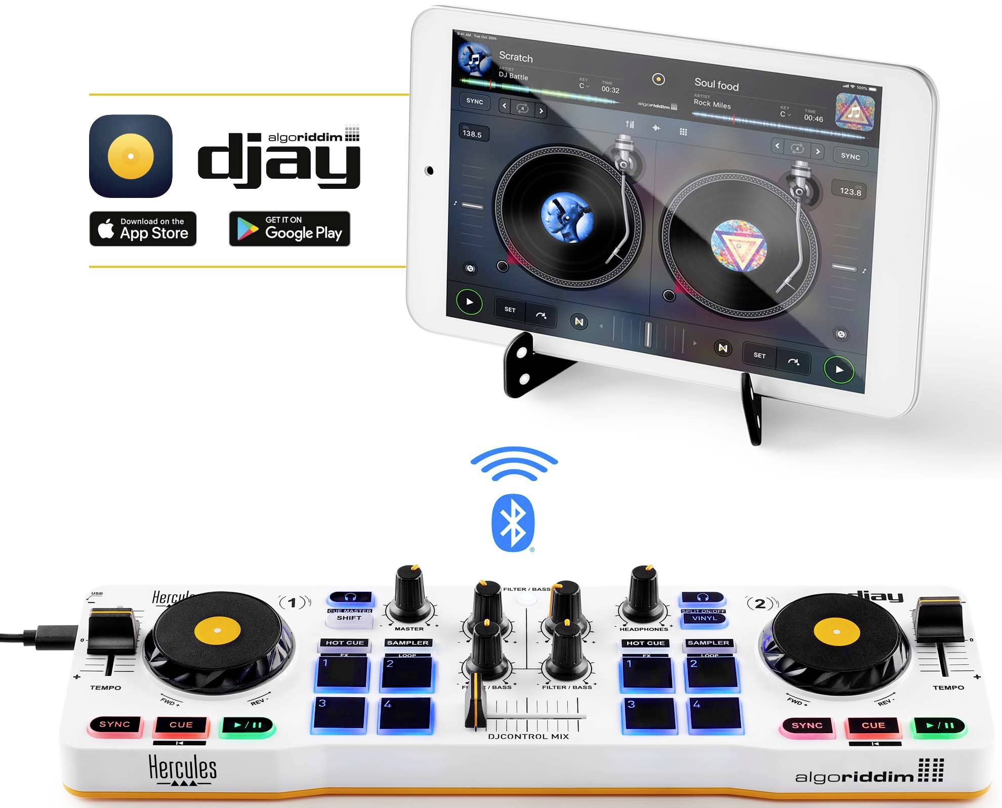 DJ-Controller verbunden mit einem Tablet, zeigt eine Musikmisch-App. Bluetooth-Symbol weist auf drahtlose Verbindung hin.