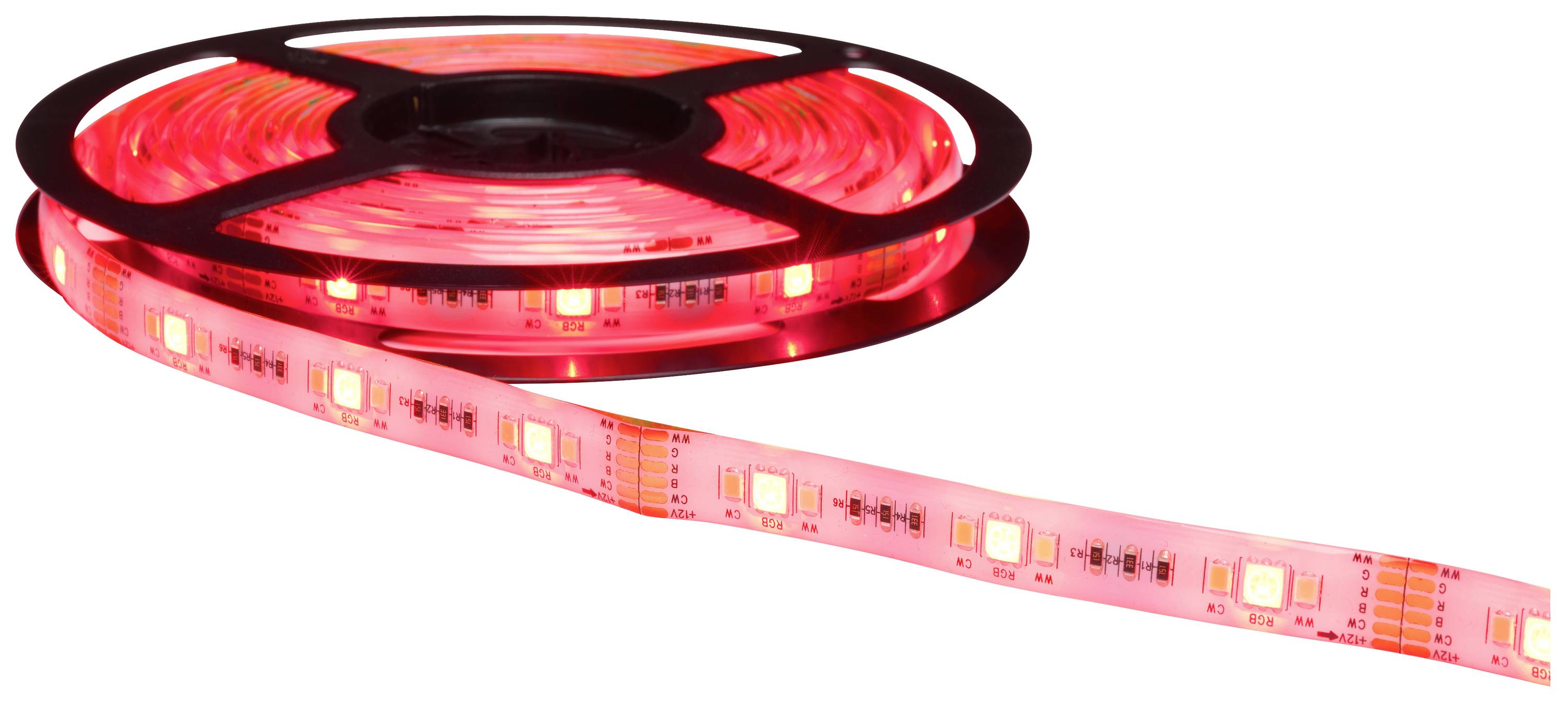Rolle mit leuchtendem roten LED-Streifen. Der Streifen ist halb ausgerollt und zeigt regelmäßig verteilte Lichtquellen.