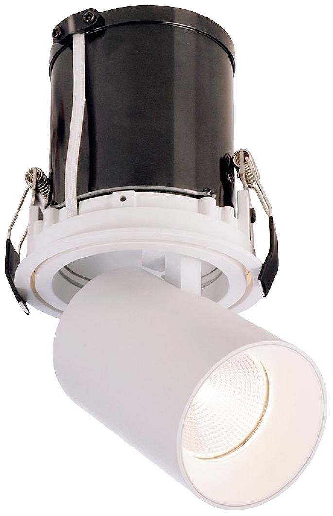 LED-Einbaustrahler mit weißem Gehäuse und verstellbarem Kopf, ausgelegt für moderne Raumbeleuchtung.