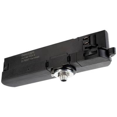 Rechteckiger schwarzer elektrischer Adapter mit Steckern und Aufschrift 'Deko-Light' sowie Adresse 'Auf der Hub 2, D-76307 Karlsbad'.