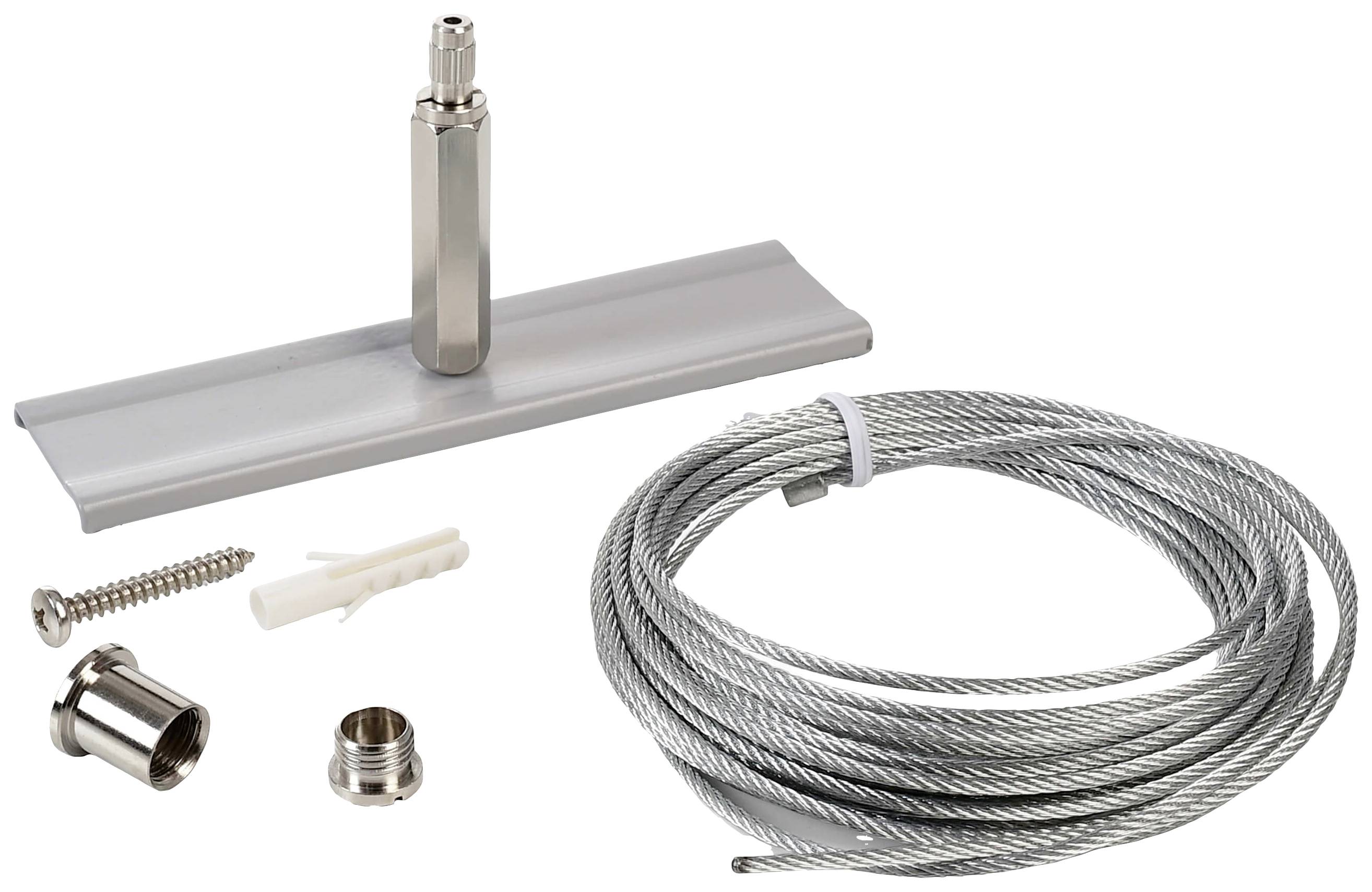 Kabelbefestigungsset mit Metallseil, Schraube, Dübel und Halterung. Zum sicheren Befestigen von Gegenständen an Wänden oder Decken.