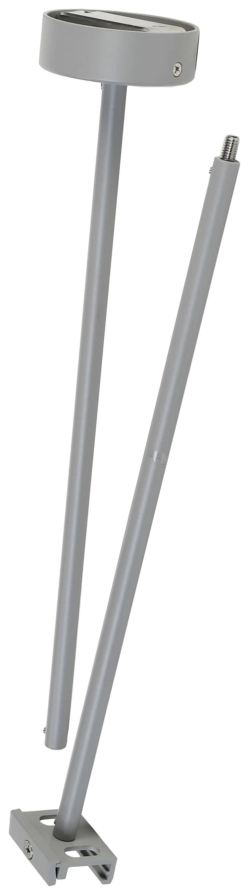 Ein grauer, zweiteiliger Metallstab mit Befestigungselementen. Der obere Teil hat eine zylindrische Form, der untere Teil eine flache Basis.