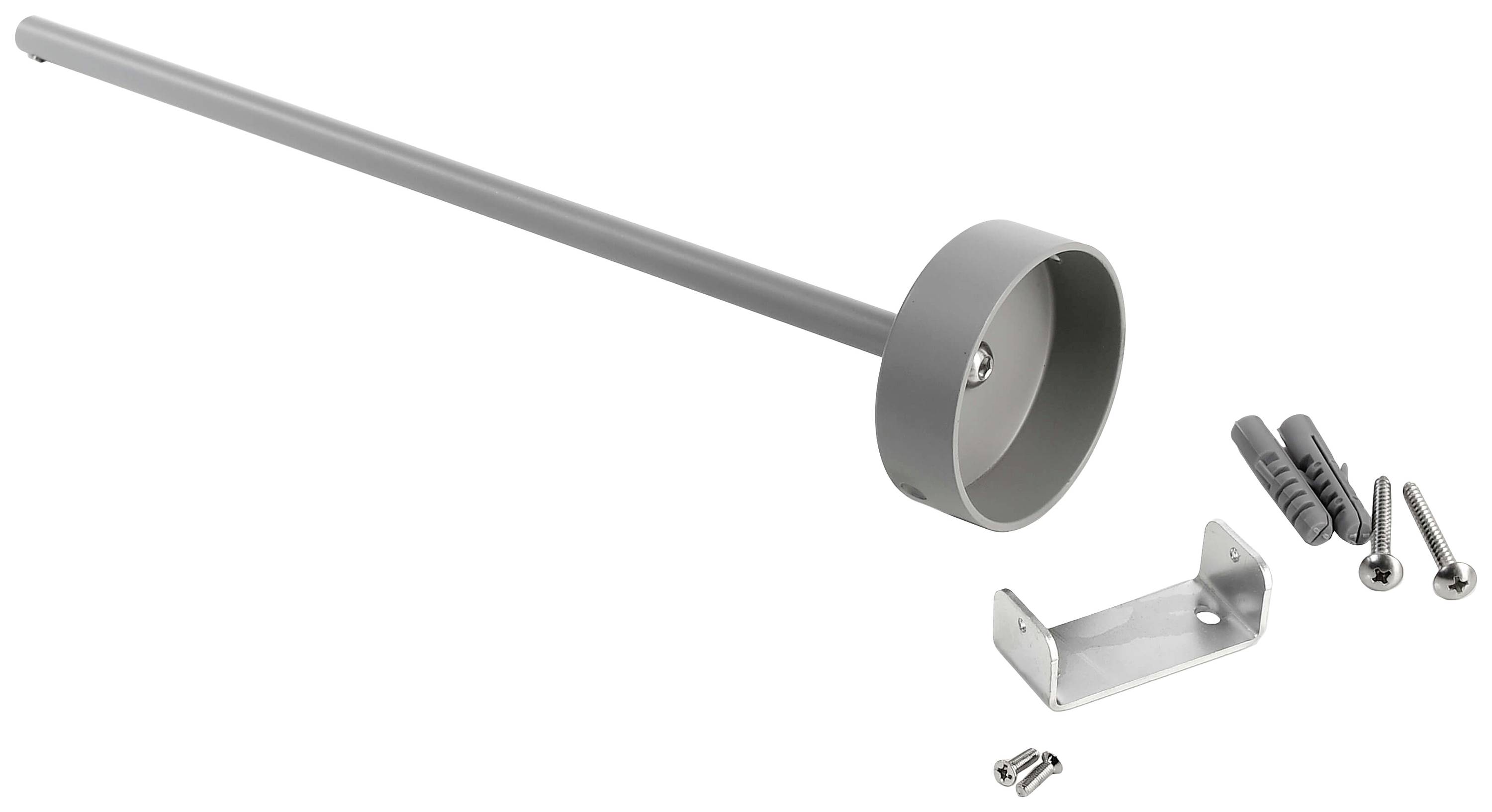 Graue Türfeststeller-Garnitur mit Stange, Bodenhalter, Schrauben und Dübeln auf weißem Hintergrund. Geeignet für die Wandmontage.