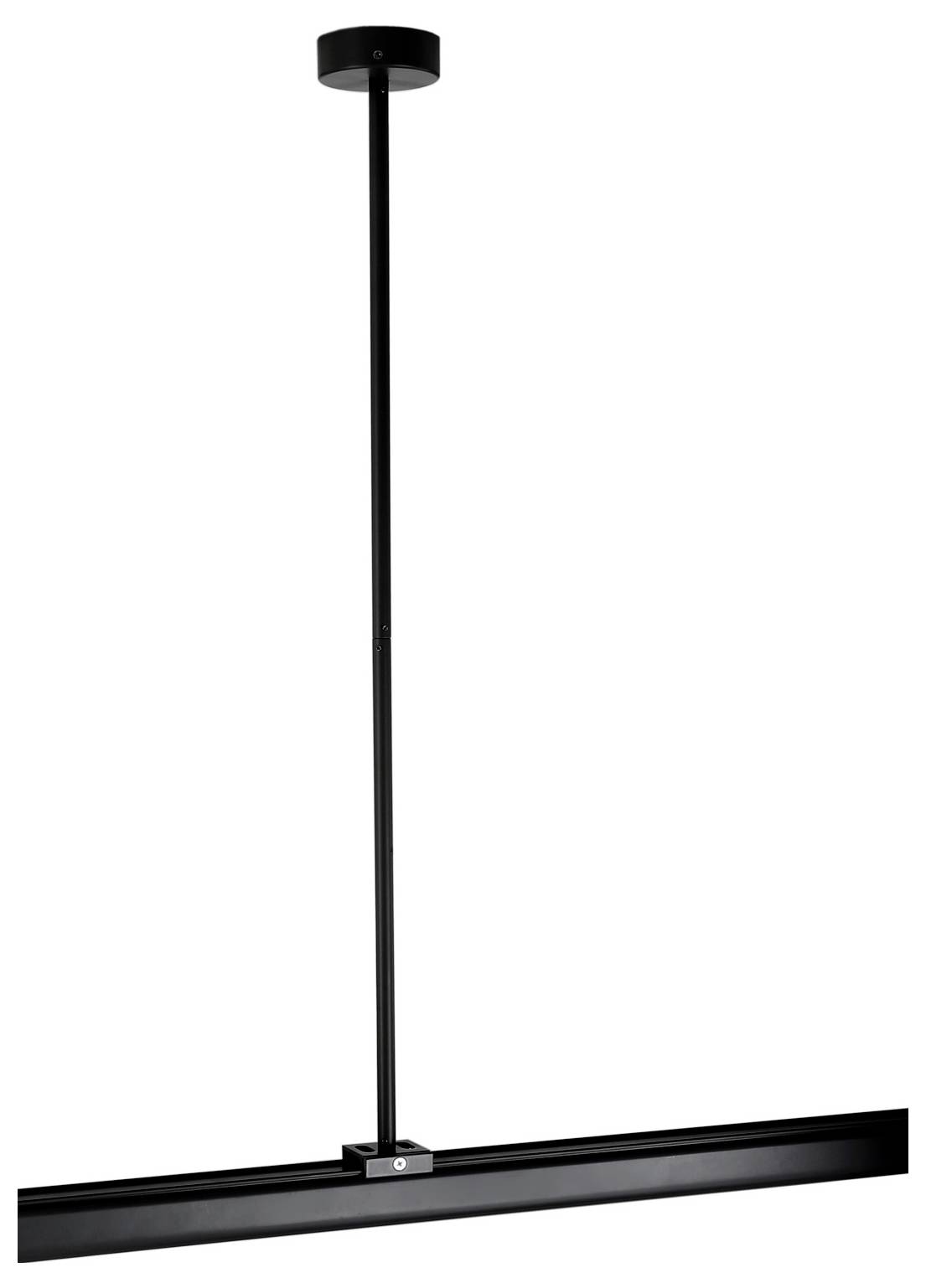 Schwarze lineare Pendelleuchte mit einer langen vertikalen Stange und einer schmalen horizontalen Lichtleiste, vor weißem Hintergrund dargestellt.