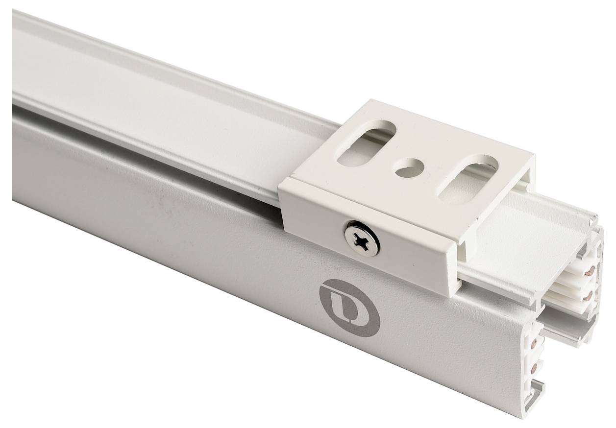 Nahaufnahme einer Aluminium-Schienenprofil mit einer weißen, verstellbaren Montagehalterung und Schraube auf einem schlichten weißen Hintergrund.