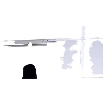 Ein geöffneter moderner Türgriff, teilweise sichtbar gegen einen weißen Hintergrund, mit einer angedeuteten schwarzen Silhouette im Vordergrund.