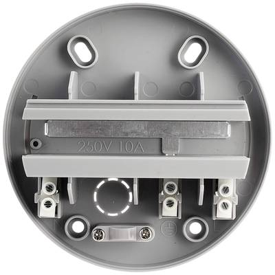 Runde, graue Montageplatte mit Anschlüssen und Aufschrift '250V 10A', vorgesehen für elektrische Geräteinstallation.
