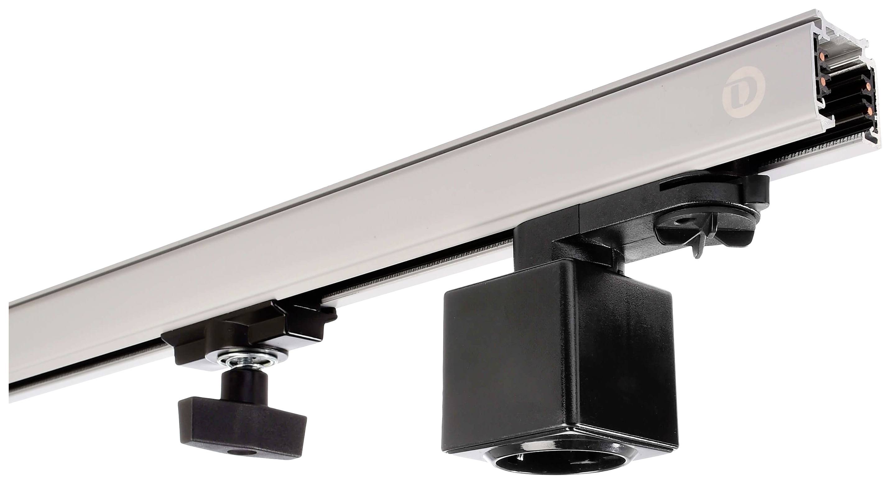 Schienensystem mit schwarzem Strahler und Verbindungsstück. Geeignet für flexible Beleuchtungslösungen in Innenräumen.