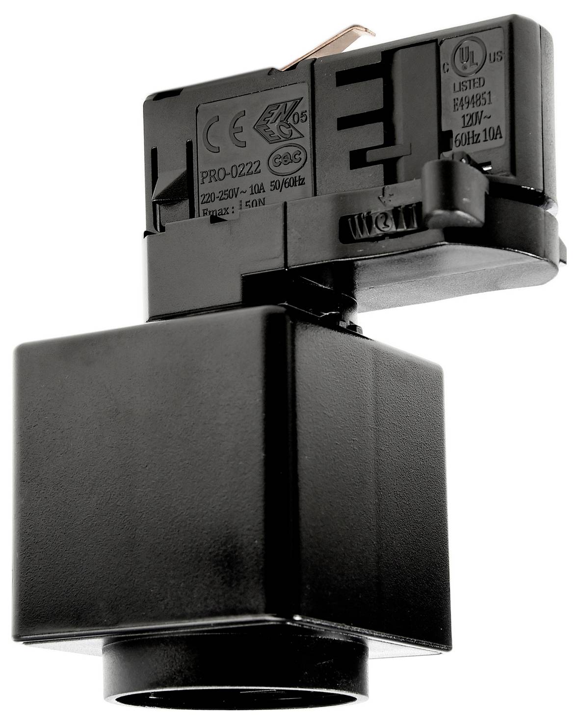 Schwarzer elektrischer Schienenstrahler-Adapter mit zylindrischer Lampenfassung und rechteckiger Halterung auf weißem Hintergrund.