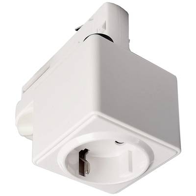 Eine weiße, quadratische Steckdose, die nach oben abgewinkelt ist, zeigt die Vorderseite mit einem Eurostecker-Eingang.