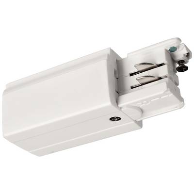 Weißer elektrischer Adapter mit Schiebemechanismus, geeignet für Lichtschienensysteme.