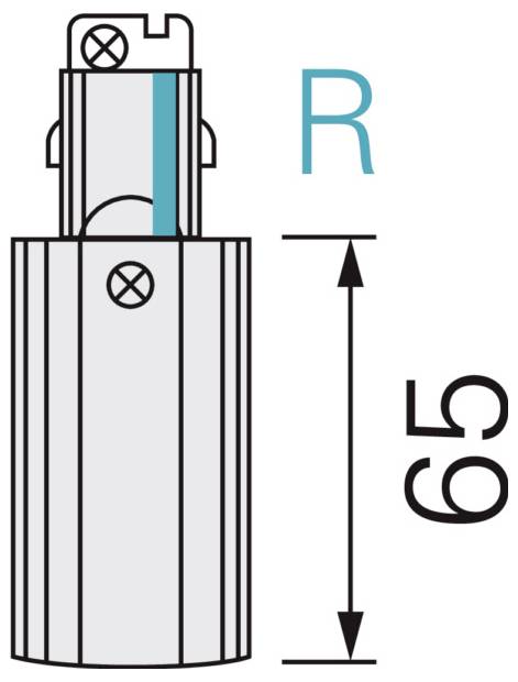Technische Zeichnung eines zylindrischen Bauteils mit der Bezeichnung „R“ und einer vertikalen Bemaßung von 65 mm.