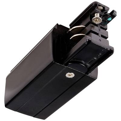 Ein schwarzer elektrischer Adapter mit Metallkontakten und Schrauben, vermutlich zum Verbinden elektrischer Schienen verwendet.