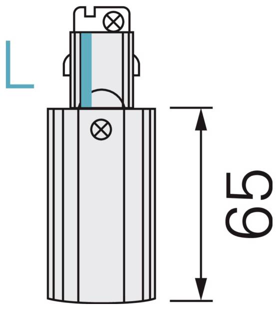 Technische Zeichnung eines zylindrischen Bauteils mit der Bezeichnung „L“, deren Gesamtlänge 65 beträgt, dargestellt mit einem vertikalen Bemaßungspfeil.