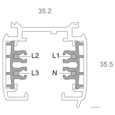 Schnittzeichnung eines elektrischen Verteilers mit markierten Anschlüssen 'L1', 'L2', 'L3', und 'N'. Maße 35,2 x 35,5 mm.
