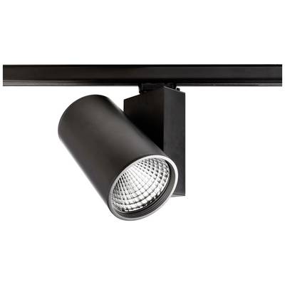 Eine schwarze Schienenleuchte mit zylindrischem Design und einem geriffelten Reflektor, montiert an einer schwarzen Schiene.