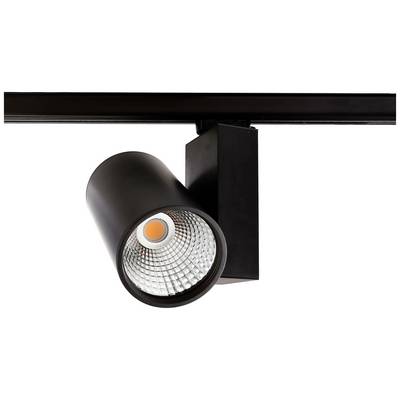 Ein schwarzer Deckenstrahler mit modernem Design ist an einer Schiene angebracht. Die LED-Lampe ist in einem zylinderförmigen Gehäuse.