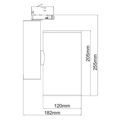 Technische Zeichnung eines rechteckigen Geräts, das 205 mm hoch, 255 mm breit ist, und eine zusätzliche seitliche Komponente hat, die 120 mm misst.