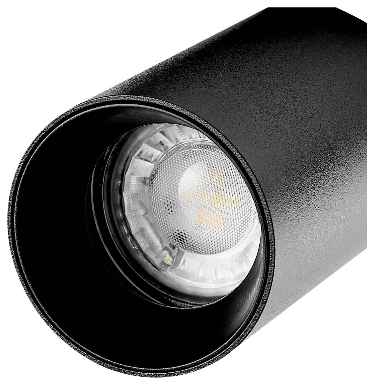 Schwarze zylindrische Schienenstrahler mit einem vertieft eingebauten LED-Leuchtmittel, dargestellt auf weißem Hintergrund.