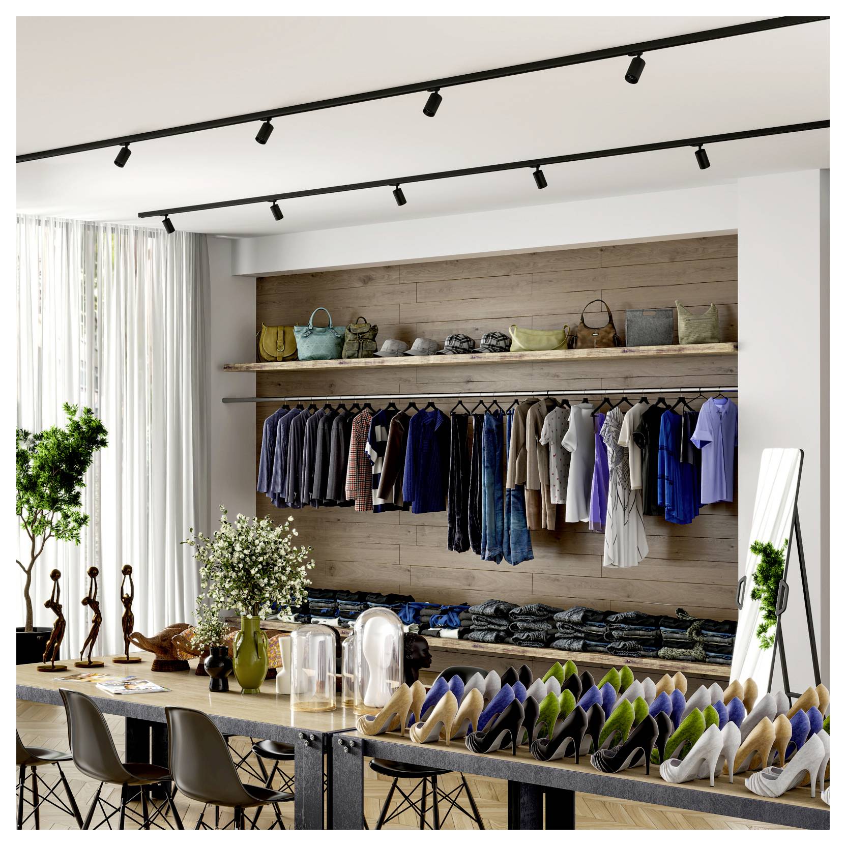 Moderne Boutique-Innenausstattung mit Kleiderständern voller Hemden und zusammengelegter Jeans, Regalen mit Taschen, einem Präsentationstisch mit Schuhen und einem Spiegel an der Wand.