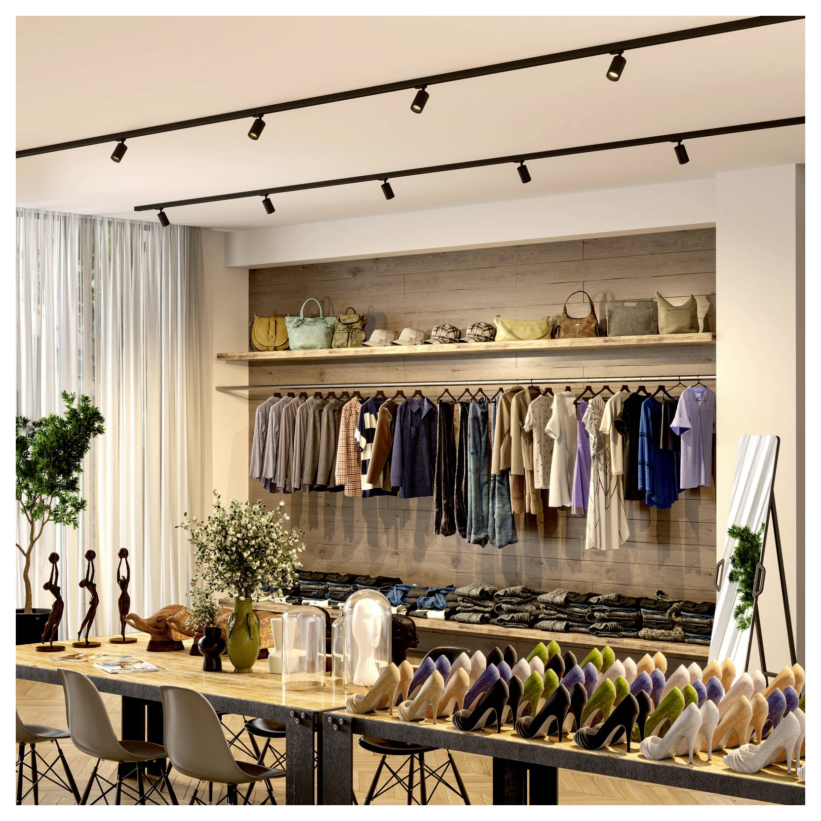 Boutique-Kleidungsgeschäft mit Kleiderständern voller Kleidung, Regalen mit Handtaschen und Reihen von High Heels auf Auslagetischen.