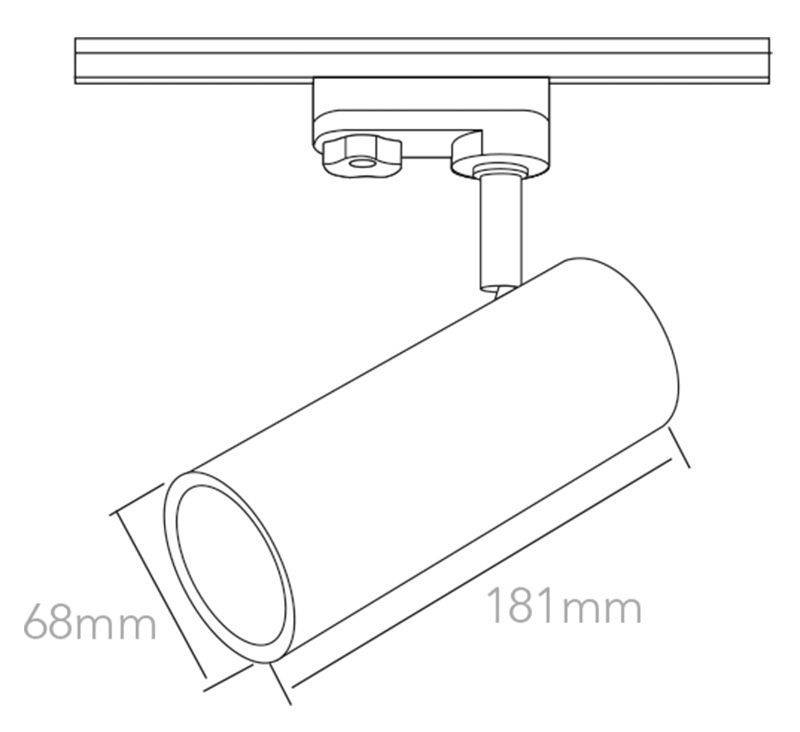 Skizze eines zylindrischen Deckenstrahlers. Maße: Durchmesser 68 mm, Länge 181 mm. Zeigt Montageschrauben und schwenkbaren Arm.