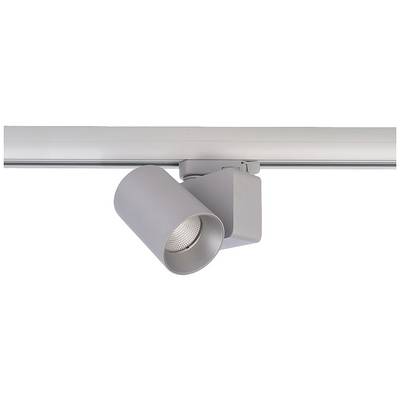 Eine silberne LED-Schienenleuchte ist an einer Metallschiene befestigt und zeigt nach unten. Sie wird häufig zur Akzentbeleuchtung verwendet.