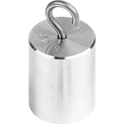 Ein zylindrisches Metallgewicht mit einem Haken oben, beschriftet mit '50 g'.