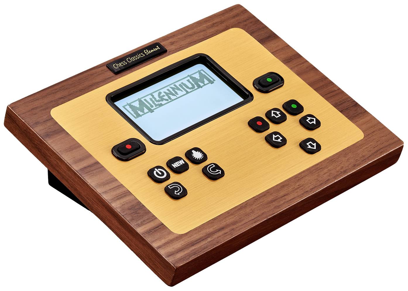 Elektronisches Schachbrett-Bedienfeld aus Holzoptik mit Display, Tasten für Spielsteuerung.