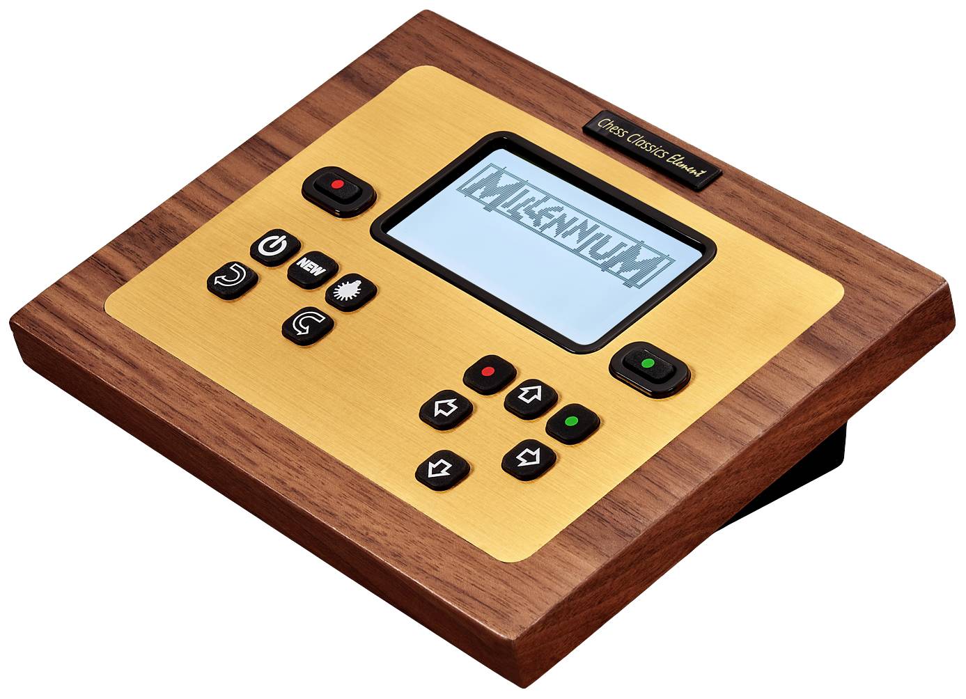 Holz-Bedienfeld mit digitalem Display, zeigt 'Millennium'. Mehrere Tasten zur Steuerung, darunter Audio- und Navigationstasten.