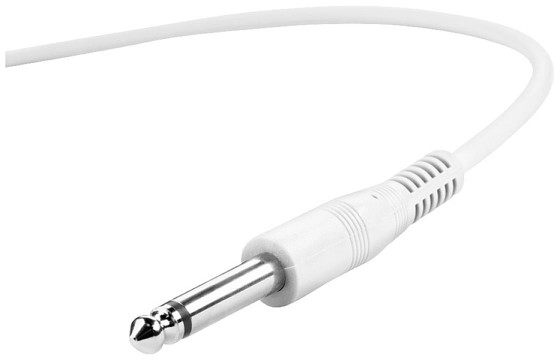 Weißes Audiokabel mit 6,35 mm Klinkenstecker, geeignet für Musikinstrumente und Audiogeräte.