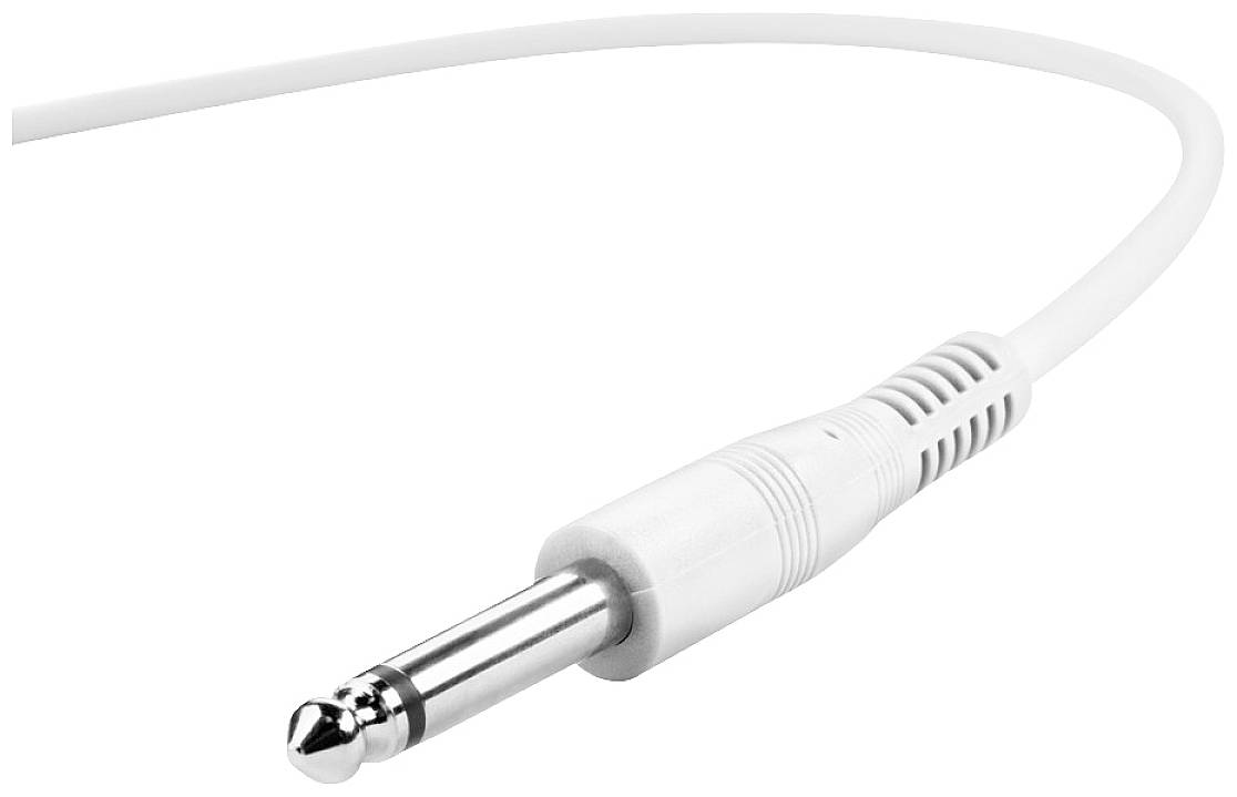 Klinkenstecker aus Metall mit weißem Kabel. Geeignet für Audio-Anschlüsse, häufig verwendet in Musikinstrumenten und Kopfhörern.