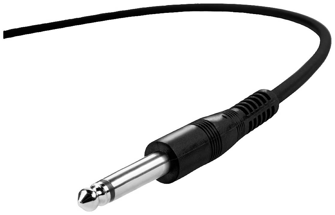 Ein einzelner Audioklinkenstecker in Schwarz mit Metallspitze, verbunden mit einem Kabel, zeigt in eine Richtung.