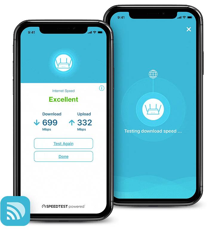 Zwei Smartphones zeigen ein Geschwindigkeitstest-Ergebnis: Download 699 Mbps, Upload 332 Mbps. Status: 'Ausgezeichnet'.