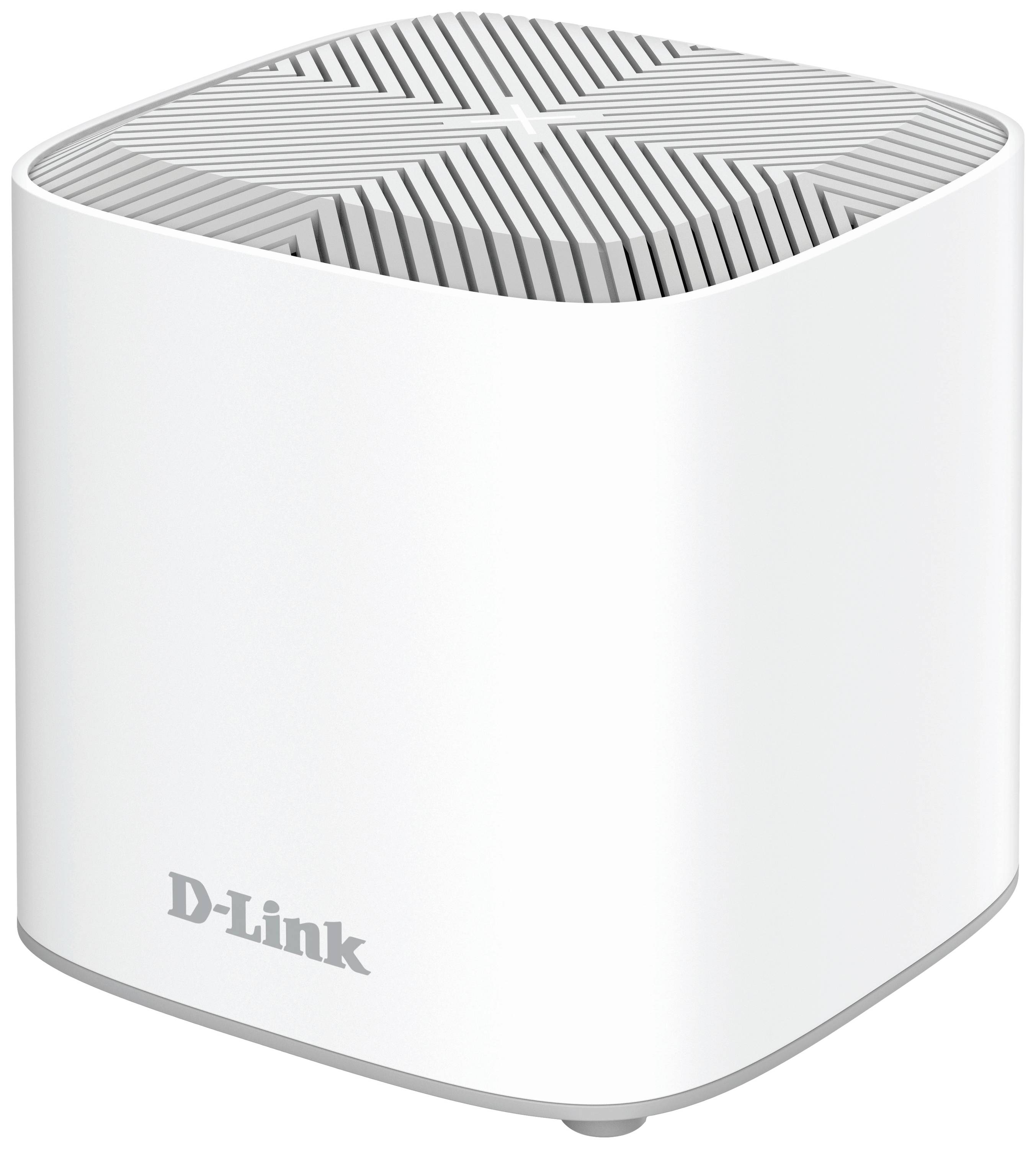 Weißer, quadratischer WLAN-Router der Marke D-Link mit abgerundeten Kanten und einem belüfteten, gestreiften Oberteil.