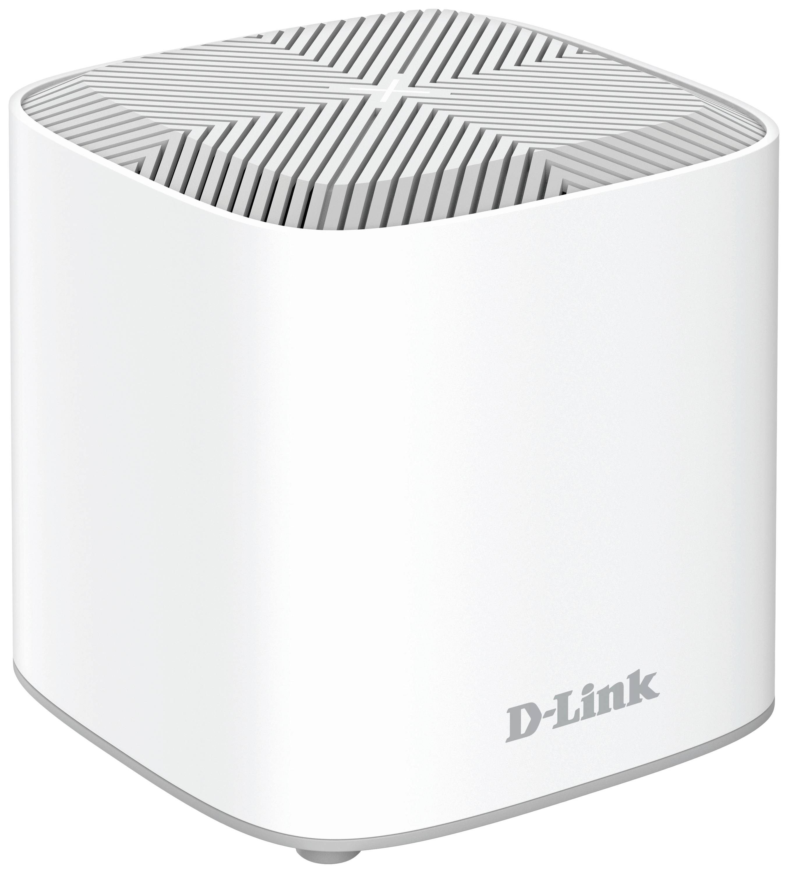 Ein weißer D-Link-Router mit einem modernen, gitterartigen Design oben.