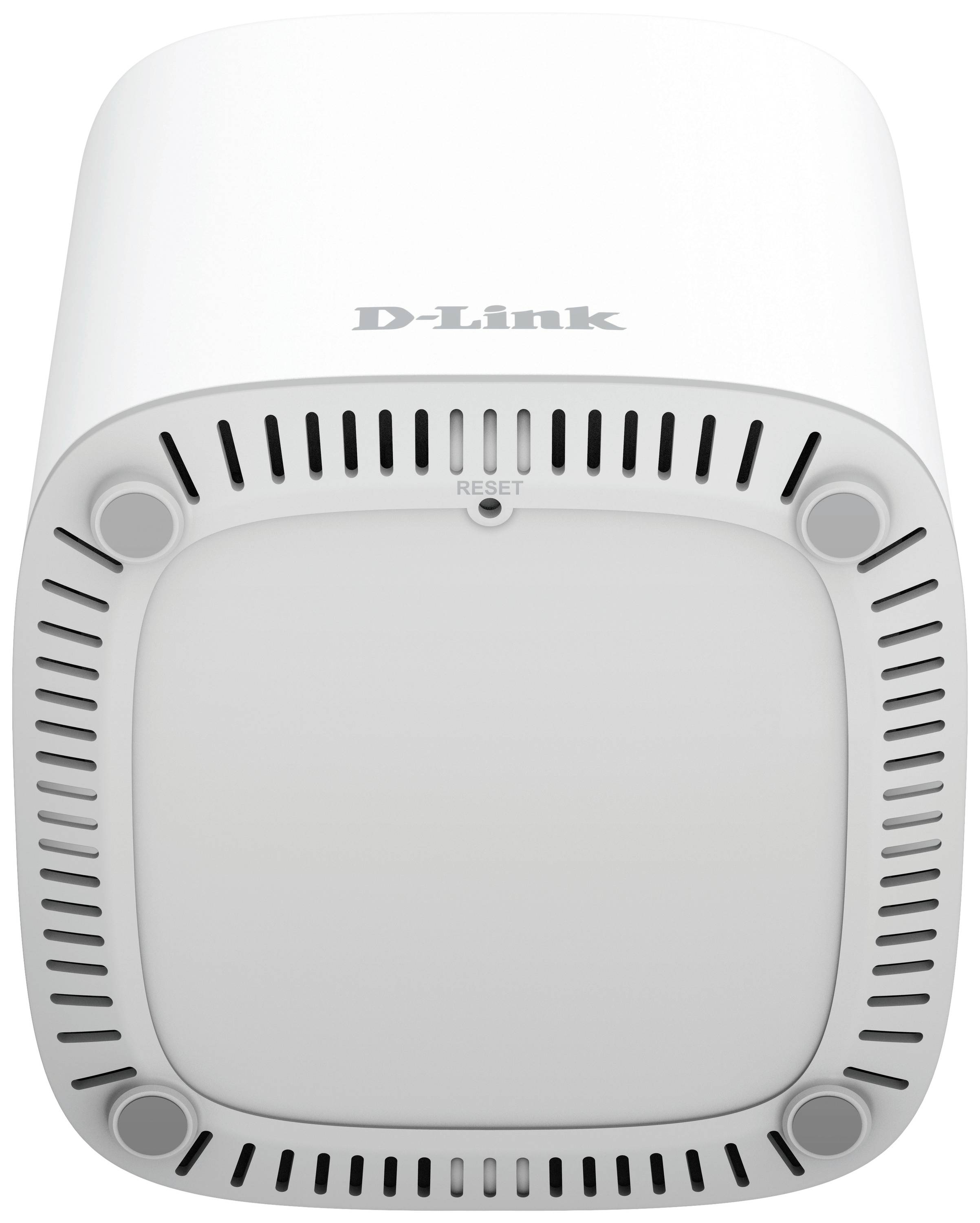 Ein weißer WLAN-Router mit quadratischer Form und abgerundeten Ecken. Oben ist der Markenname 'D-Link' zu sehen.