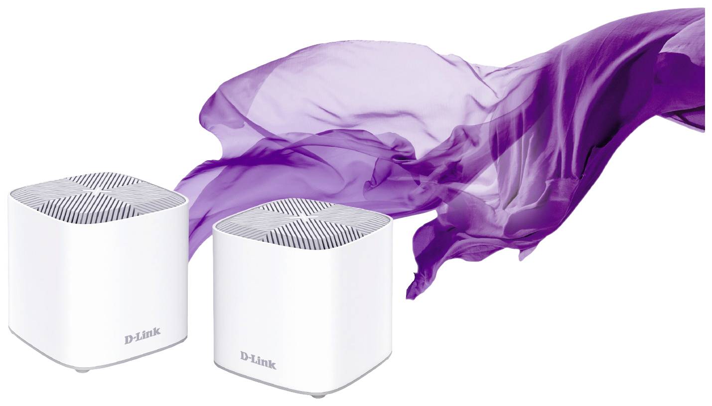 Zwei weiße Router mit D-Link-Logo vor einem violetten Stoff, der dynamisch im Hintergrund zeigt, dass sie mit einem Netzwerk verbunden sind.