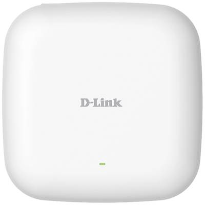 Ein weißer, quadratischer D-Link WLAN-Router mit abgerundeten Ecken, zeigt eine kleine grüne LED-Anzeige an der Unterseite.