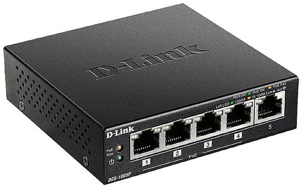 D-Link DGS-1005P/E 5-Port PoE+ Switch Gigabit, 4 PoE+ Ports, 60W