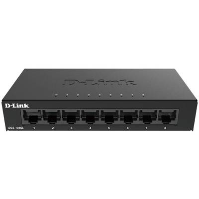 Ein schwarzer Netzwerk-Switch von D-Link mit acht Ethernet-Anschlüssen, Modell DGS-108GL, geeignet für Büro- oder Heimnetzwerke.