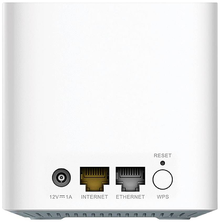 Ein weißes elektronisches Gerät mit Anschlüssen: Strom (12V, 1A), Internet, Ethernet und Tasten für 'Reset' und 'WPS'.