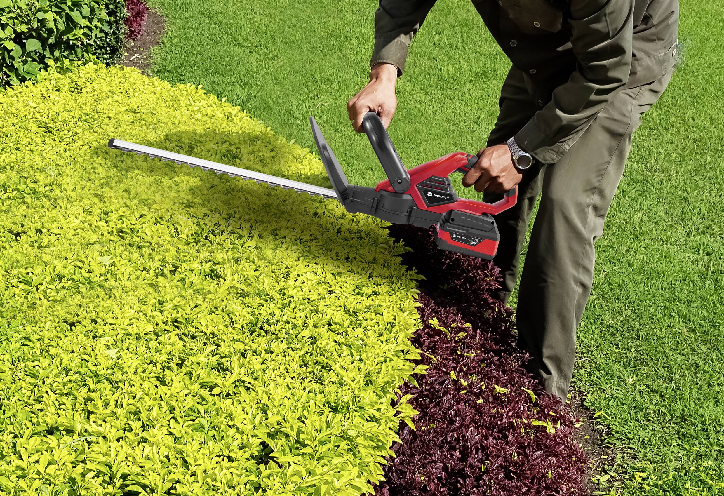 Eine Person schneidet mit einer elektrischen Heckenschere einen gelben und roten Strauch in einem Garten.