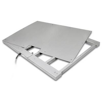 Eine flache, rechteckige Metallplattform mit abgerundeten Kanten, die teilweise geöffnet ist und elektrische Anschlüsse aufweist.