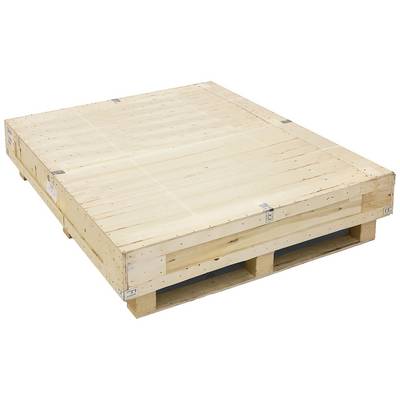 'Holzkiste auf Palette', geschlossen und mit Metallverbindungen gesichert. Verwendet für sicheren Transport oder Lagerung von Waren.